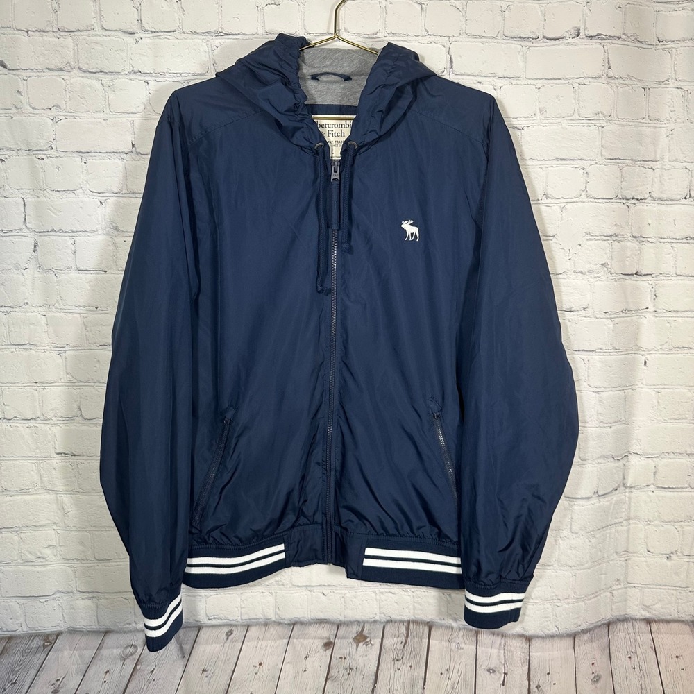 Abercrombie & Fitch Mens Navy Blue Hooded Windbreaker Jacket Large Moose Logo